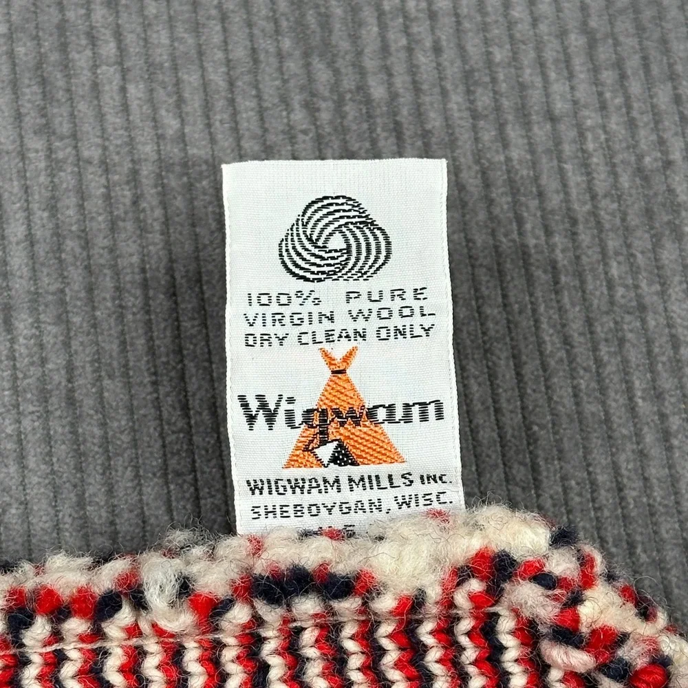 Vintage Wigwam Mills 100% Virgin Wool Beanie Hat Cream Red Navy Stripe USA Made